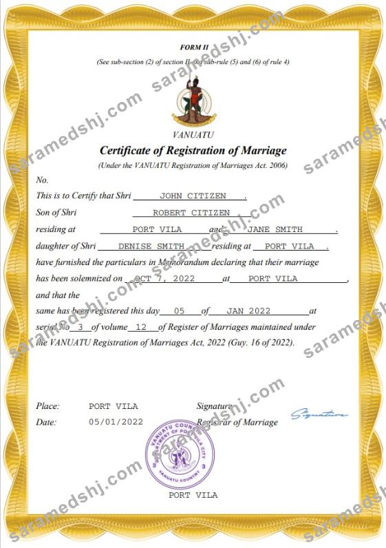 Vanuatu marriage certificate Word and PDF template